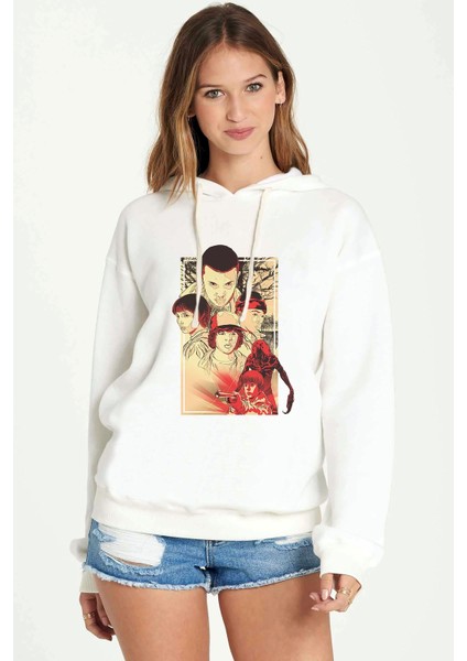 Stranger Things Eleven Dustin Demogorgon Baskılı Beyaz Kadın Örme Kapşonlu Sweatshirt Uzun Kol