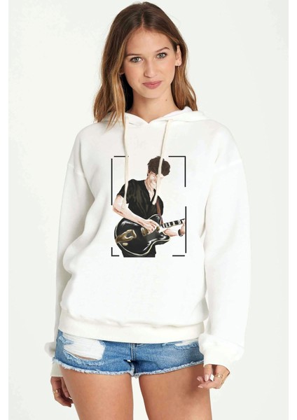 Shawn Mendes Gitar Baskılı Beyaz Kadın Örme Kapşonlu Sweatshirt Uzun Kol