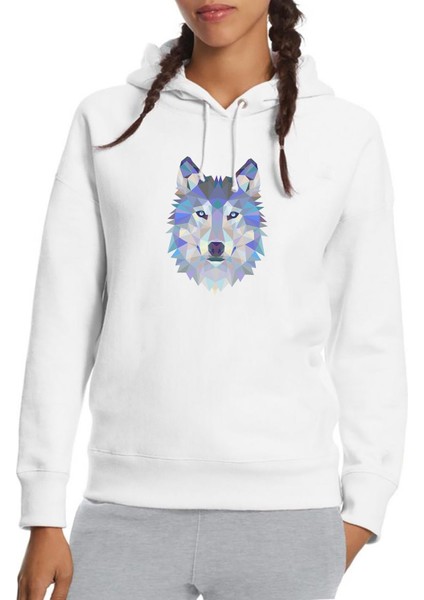 Polygonal Head Wolf Kurt Baskılı Beyaz Kadın Örme Kapşonlu Sweatshirt Uzun Kol