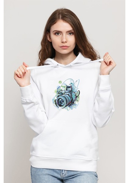 Fotoğraf Makinesi Objek Lens Camera Kamera Baskılı Beyaz Kadın Örme Kapşonlu Sweatshirt Uzun Kol