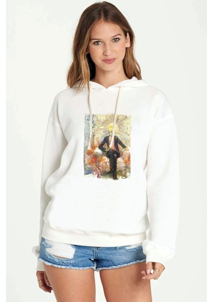 Anime One Piece King Baskılı Beyaz Kadın Örme Kapşonlu Sweatshirt Uzun Kol