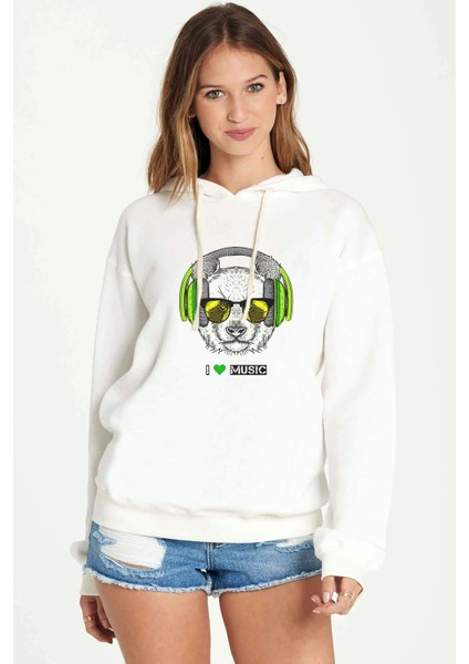 Panda I Love Music Baskılı Beyaz Kadın Örme Kapşonlu Sweatshirt Uzun Kol
