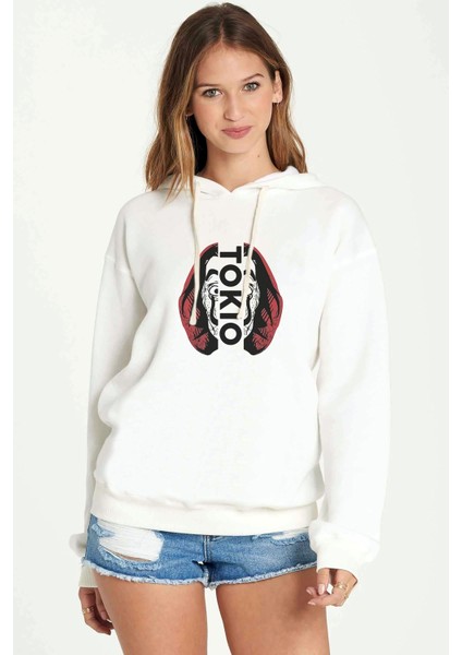 La Case De Papel Tokyo Tokio Baskılı Beyaz Kadın Örme Kapşonlu Sweatshirt Uzun Kol