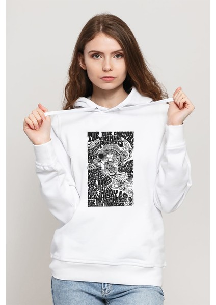 The Doors Lyric Lirik Baskılı Beyaz Kadın Örme Kapşonlu Sweatshirt Uzun Kol