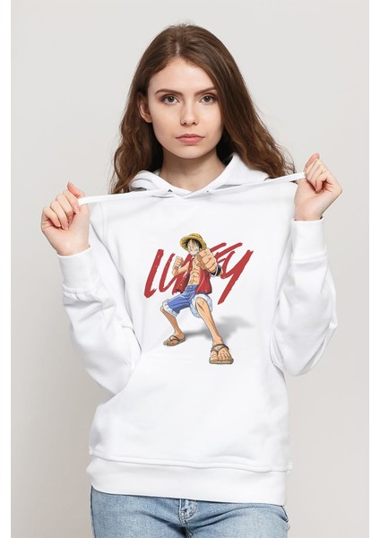 Anime Luffy One Piece Baskılı Beyaz Kadın Örme Kapşonlu Sweatshirt Uzun Kol