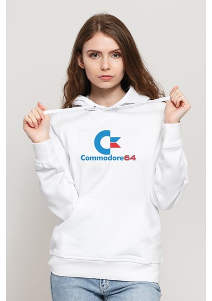 Commodore Logo Baskılı Beyaz Kadın Örme Kapşonlu Sweatshirt Uzun Kol