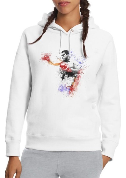 Muhammed Ali Damla Baskılı Beyaz Kadın Örme Kapşonlu Sweatshirt Uzun Kol