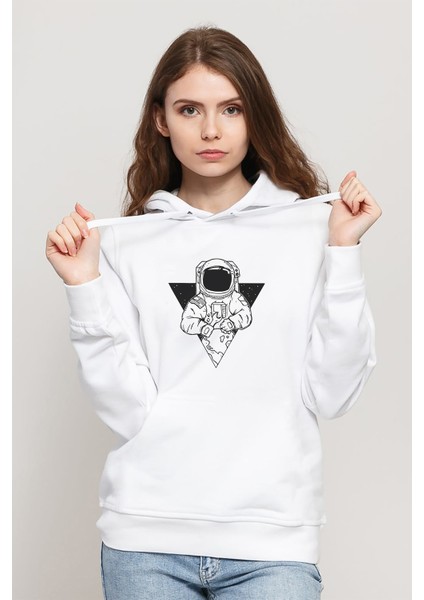 Astronot Dünyanın Çivisi Çıkmış Baskılı Beyaz Kadın Örme Kapşonlu Sweatshirt Uzun Kol
