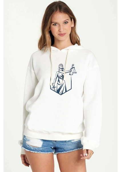 Silhouette Lady Justice Baskılı Beyaz Kadın Örme Kapşonlu Sweatshirt Uzun Kol