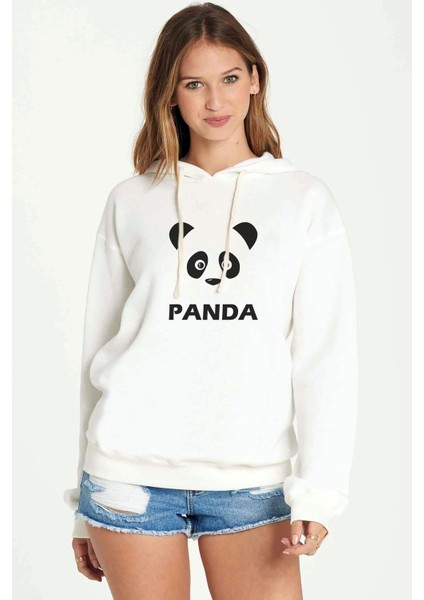 Panda Baskılı Beyaz Kadın Örme Kapşonlu Sweatshirt Uzun Kol