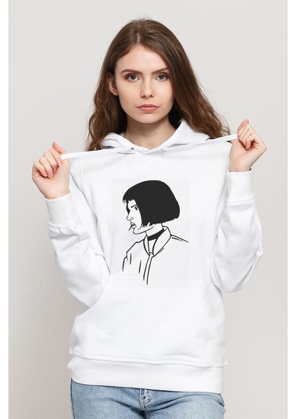 The Professional Mathilda Leon Sevginin Gücü Baskılı Beyaz Kadın Örme Kapşonlu Sweatshirt Uzun Kol