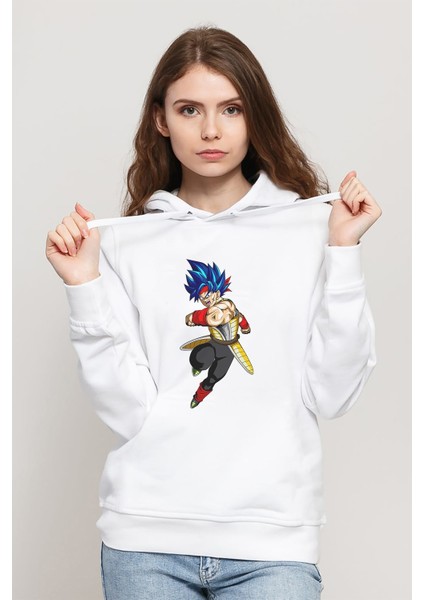 Anime Dragon Ball Super Vegeta Baskılı Beyaz Kadın Örme Kapşonlu Sweatshirt Uzun Kol