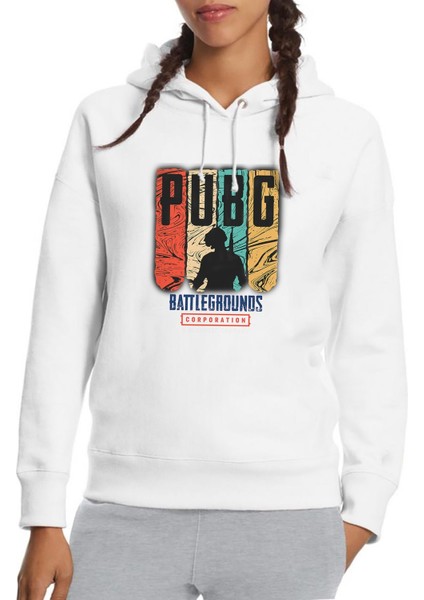 Pubg Battlegrounds Pubg Corporation Baskılı Beyaz Kadın Örme Kapşonlu Sweatshirt Uzun Kol