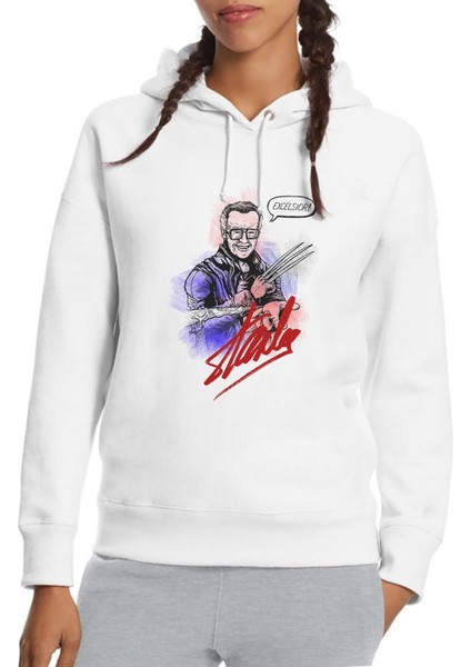 Stan Lee Marvel Kara Kalem Baskılı Beyaz Kadın Örme Kapşonlu Sweatshirt Uzun Kol