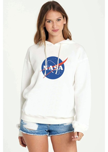 Nasa Logo Simge Baskılı Beyaz Kadın Örme Kapşonlu Sweatshirt Uzun Kol