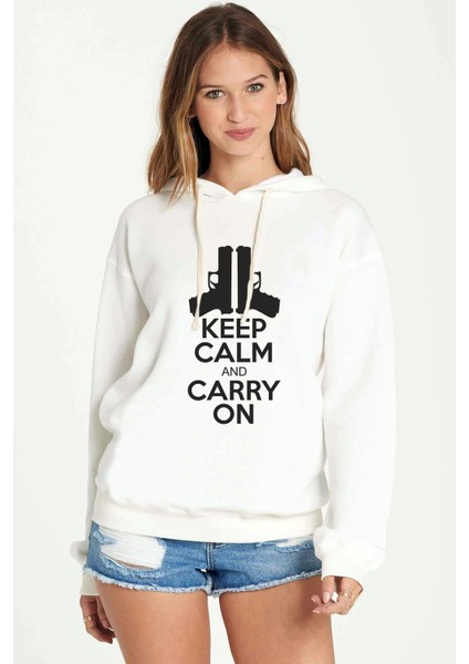 Carry On Baskılı Beyaz Kadın Örme Kapşonlu Sweatshirt Uzun Kol