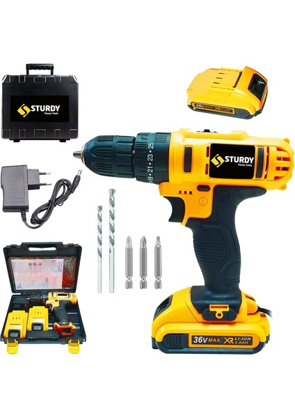 Power Tools 36 Volt 5.0 Amper Very Çift Akülü 5 Parça Uç Setli Şarjlı Vidalama Matkap