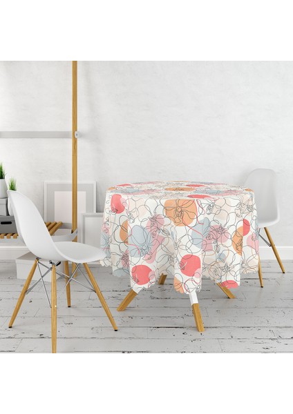 Kırmızı ve Turuncu Puantiyeli Zeminde Karakalem Çiçek Motifli Yuvarlak Masa Örtüsü 140 cm