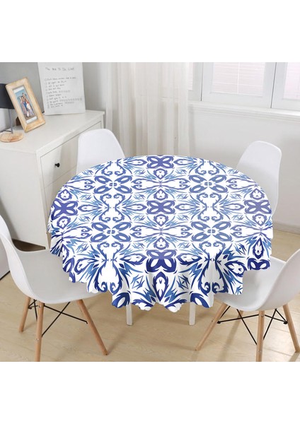Mavi Beyaz Seramik Damask Özel Tasarım Yuvarlak Masa Örtüsü 140 cm