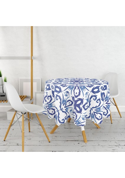 Mavi Beyaz Seramik Damask Özel Tasarım Yuvarlak Masa Örtüsü 140 cm fiyatları