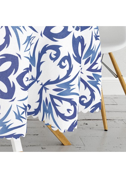 Mavi Beyaz Seramik Damask Özel Tasarım Yuvarlak Masa Örtüsü 140 cm modelleri