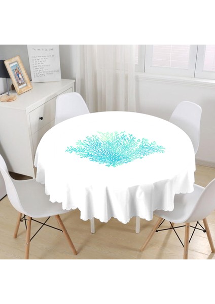Beyaz Zeminde Yeşil Renkli Su Yosunu Desenli Dijital Baskılı Modern Yuvarlak Masa Örtüsü - Çap 140 cm