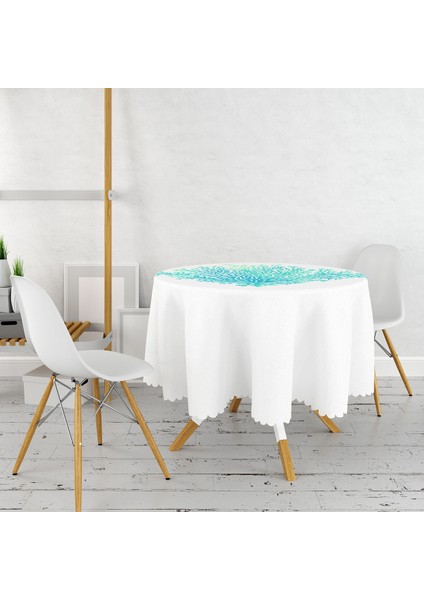 Beyaz Zeminde Yeşil Renkli Su Yosunu Desenli Dijital Baskılı Modern Yuvarlak Masa Örtüsü - Çap 140 cm fiyatları