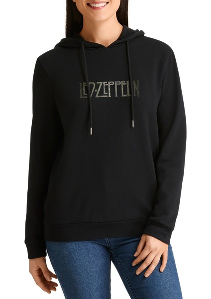 LED Zeppelin Metal Rock Music Müzik Baskılı Siyah Kadın Örme Kapşonlu Sweashirt Uzun Kol