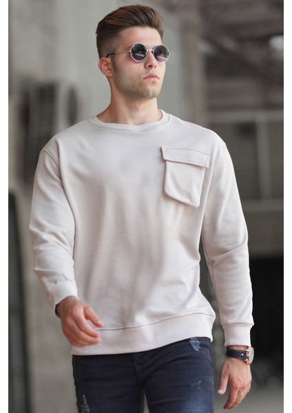 Bej Bisiklet Yaka Sweatshirt 5320