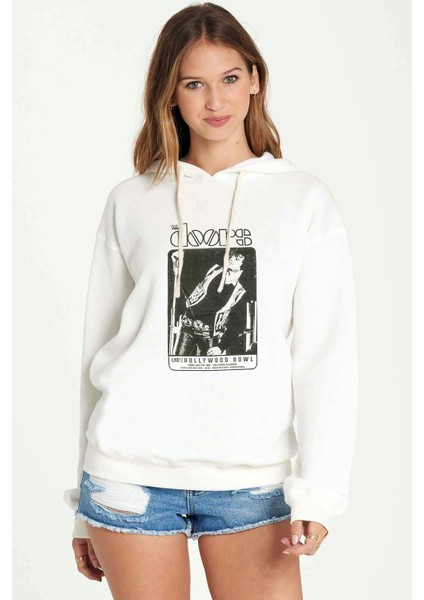 The Doors Live Hollywood Bowl Baskılı Beyaz Kadın Örme Kapşonlu Sweatshirt Uzun Kol