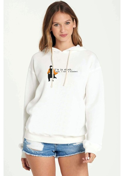 Sherlock Shock Blanket Baskılı Beyaz Kadın Örme Kapşonlu Sweatshirt Uzun Kol