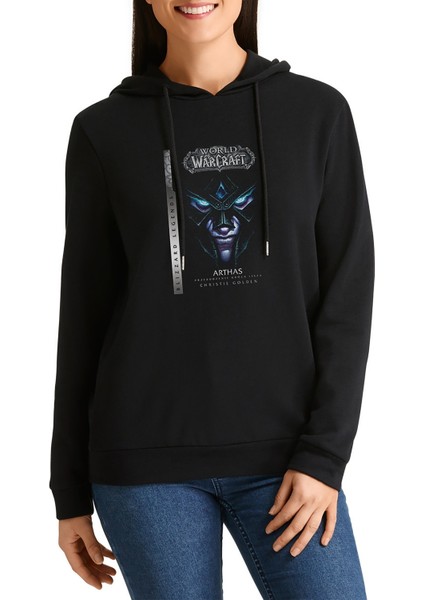 World Warcraft Arthas Baskılı Siyah Kadın Örme Kapşonlu Sweashirt Uzun Kol