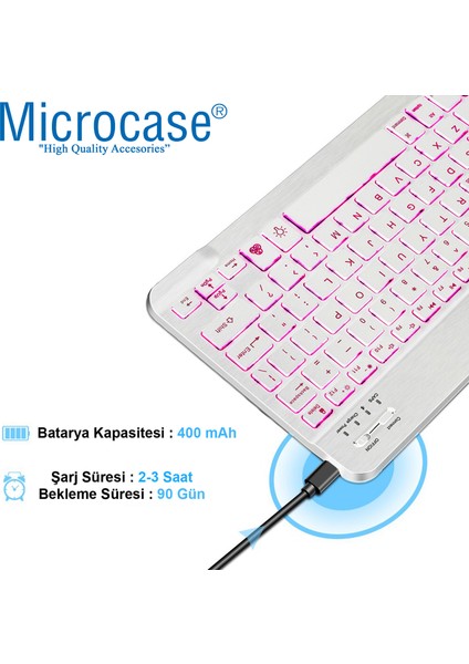 Tablet ve Telefonlar Için Rgb LED Işıklı Bluetooth Klavye Şarjlı Kablosuz - AL2670 Beyaz