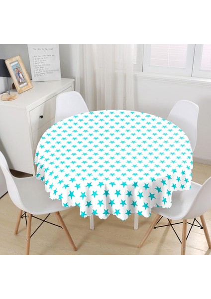 Turkuaz Yıldız Motifli Modern Baskılı Yuvarlak Masa Örtüsü - Çap 140 cm