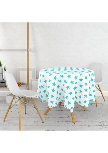 Turkuaz Yıldız Motifli Modern Baskılı Yuvarlak Masa Örtüsü - Çap 140 cm