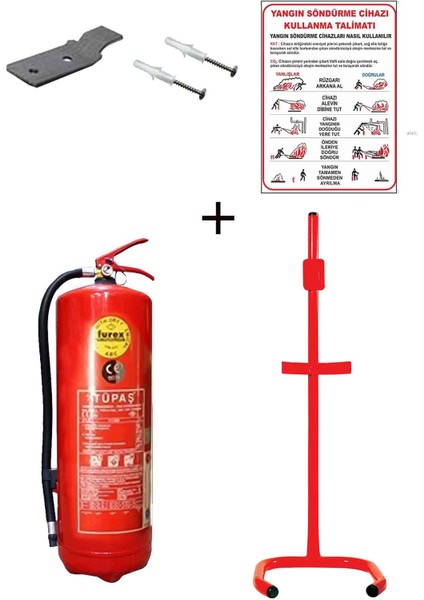 6kg Tüpaş Yangın Tüpü,yangın Tüpü Kullanım Talimatı, Askı Aparatı, Dübel Vida ve C Tipi Sehpa 5li Set