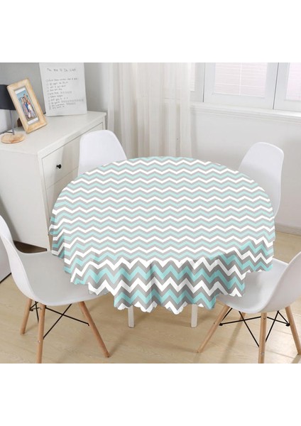 Gri Turkuaz Zigzag Desenli Yuvarlak Masa Örtüsü Yuvarlak Masa Örtüsü - Çap 140 cm