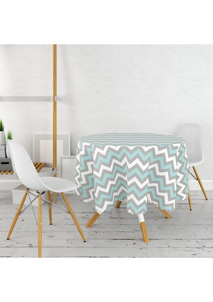 Gri Turkuaz Zigzag Desenli Yuvarlak Masa Örtüsü Yuvarlak Masa Örtüsü - Çap 140 cm