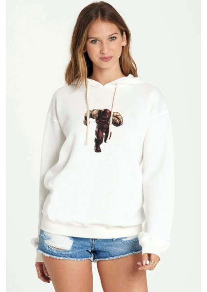 Juggernaut Baskılı Beyaz Kadın Örme Kapşonlu Sweatshirt Uzun Kol