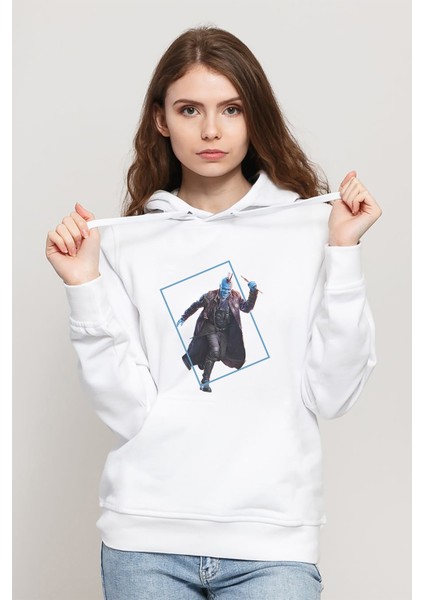 Yenilmez Yondu Galaxy Baskılı Beyaz Kadın Örme Kapşonlu Sweatshirt Uzun Kol
