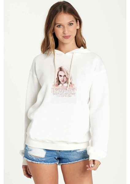 Stranger Things Max Baskılı Kadın Örme Kapüşonlu Beyaz Sweatshirt Uzun Kol