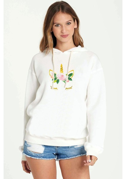 Watercolor Flowers Unicorn Baskılı Kadın Örme Kapüşonlu Beyaz Sweatshirt Uzun Kol