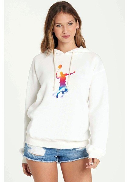 Watercolor Badminton Baskılı Kadın Örme Kapüşonlu Beyaz Sweatshirt Uzun Kol
