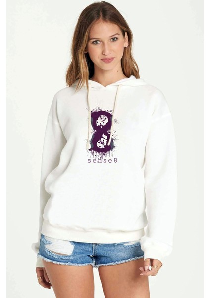 Sense8 Burst Art Baskılı Kadın Örme Kapüşonlu Beyaz Sweatshirt Uzun Kol
