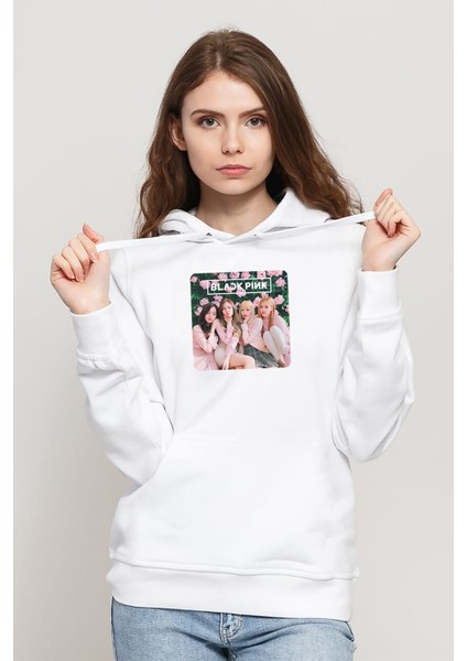 Blackpink Baskılı Kadın Örme Kapüşonlu Beyaz Sweatshirt Uzun Kol