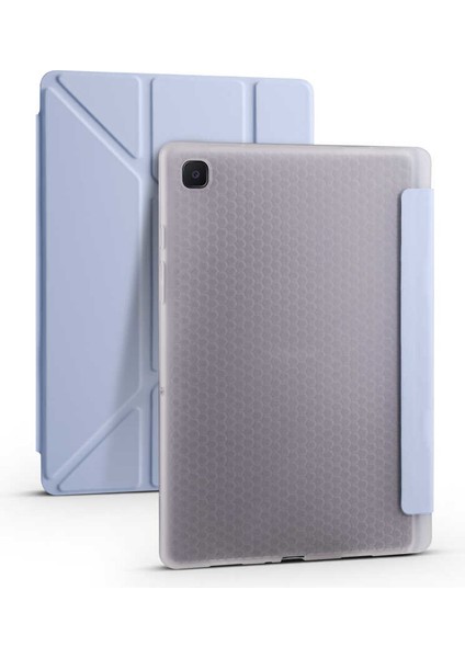 Samsung Galaxy Tab A7 10.4 T500 2020 Kılıf Kalem Bölmeli Tri Folding Smart Standlı Pu Deri Arkası Yumuşak Silikon 360 Tam Koruma Mavi