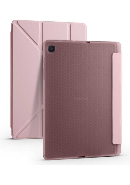 Samsung Galaxy Tab A7 10.4 T500 2020 Kılıf Kalem Bölmeli Tri Folding Smart Standlı Pu Deri Arkası Yumuşak Silikon 360 Tam Koruma Rose Gold