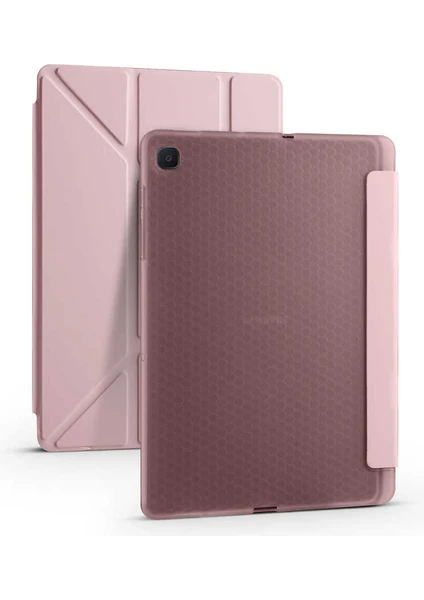 Case 4U Samsung Galaxy Tab A7 10.4 T500 2020 Kılıf Kalem Bölmeli Tri Folding Smart Standlı Pu Deri Arkası Yumuşak Silikon 360 Tam Koruma Rose Gold