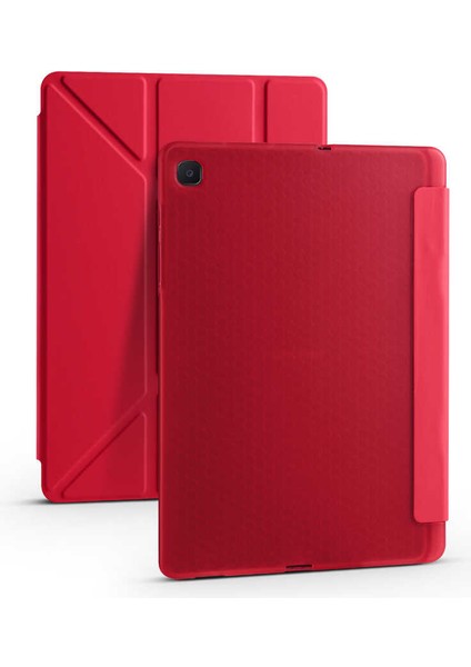 Samsung Galaxy Tab S6 Lite P610 Kılıf Kalem Bölmeli Tri Folding Smart Standlı Pu Deri Arkası Yumuşak Silikon 360 Tam Koruma Kırmızı