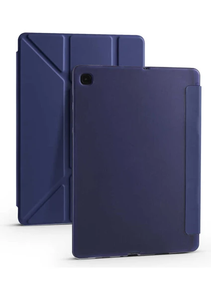 Case 4U Samsung Galaxy Tab S6 Lite P610 Kılıf Kalem Bölmeli Tri Folding Smart Standlı Pu Deri Arkası Yumuşak Silikon 360 Tam Koruma Lacivert